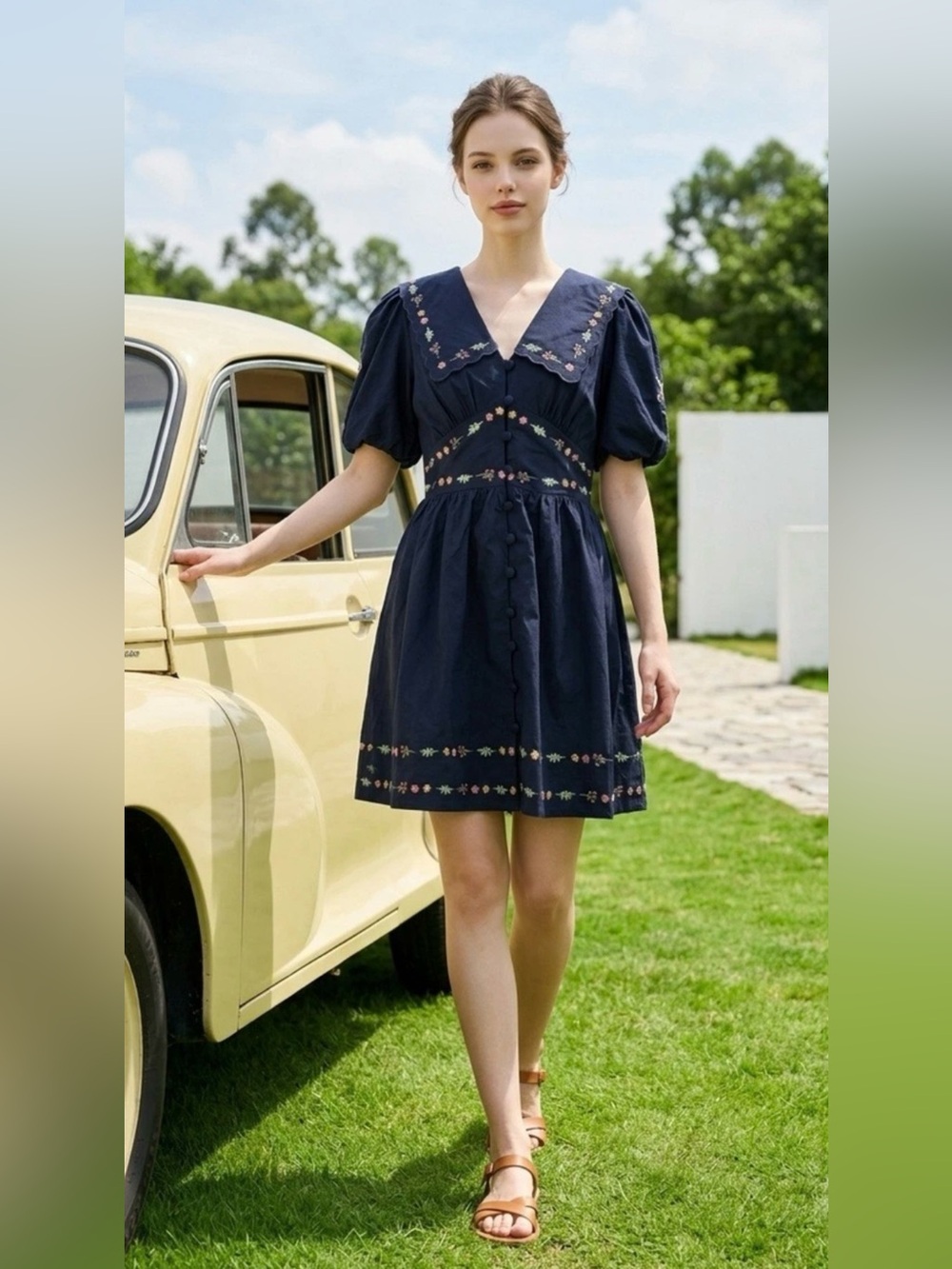 NWT Caroline Constas navy floral embroidered puff sleeve mini dress, size 8.